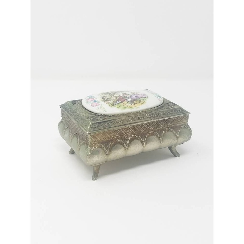 Vtg brass hinged jewelry box ceramic topโ inside velvet Victorian Italy
